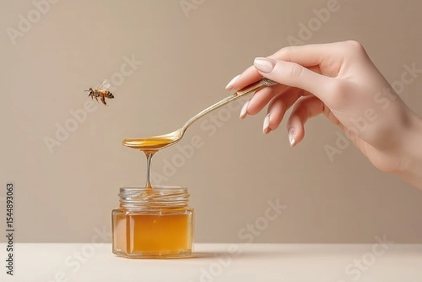 Fototapeta A hand and a honey jar and a spoon dripping with golden amber liquid, with a small bee flying around the jar, against a neutral beige.