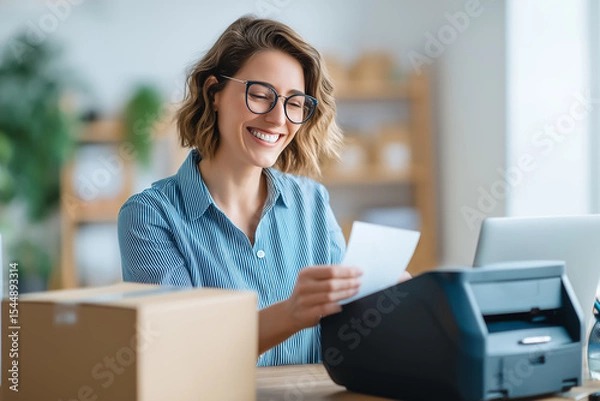 Fototapeta Woman smiles while printing shipping labels on thermal printer in airy home office with minimalistic decor. Bright environment encourages productivity. Concept of e-commerce, logistics, online retail