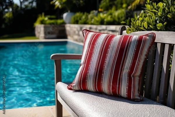 Fototapeta Striped red cushion on the bench by the pool.