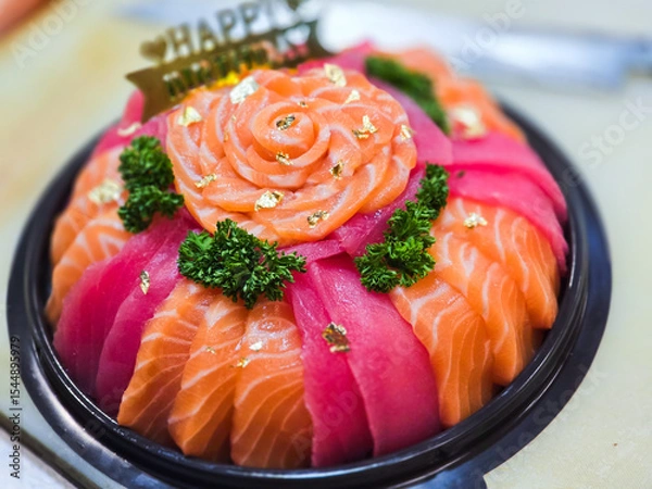 Fototapeta Birthday sashimi platter decorated with fresh salmon and tuna slices, arranged in a rose pattern, gold leaf flakes, parsley, and a “Happy Birthday” sign being placed by hand.