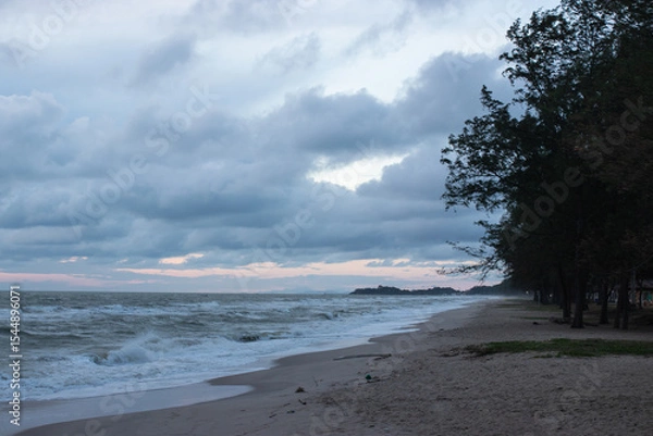 Fototapeta A quiet beach with strong waves under a cloudy sky in the early evening, with pine trees lining the coast and soft light peeking through the clouds