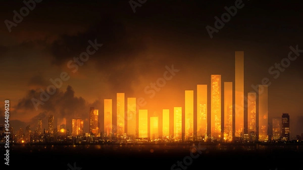 Fototapeta dramatic city skyline at sunset, with buildings and bar graph under dark
