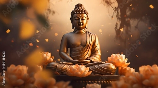 Obraz Atmospheric Image of a Golden Buddha in Meditation Surrounded by Soft Lotus Flowers - Concept of Peace and Serenity