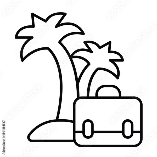 Fototapeta Island with palm trees and briefcase thin line icon, remote work concept. Vector graphics. Freelancer portfolio bag sign on white background, style mobile or design.