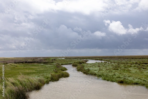 Obraz Empty flat polder landscape with a meandering stream towards the horizon on the Dutch island of Schiermonnikoog