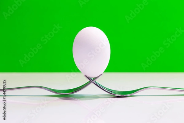 Obraz Selective focus view of egg balanced on two intertwined forks set on plain white shiny counter, with bright green background