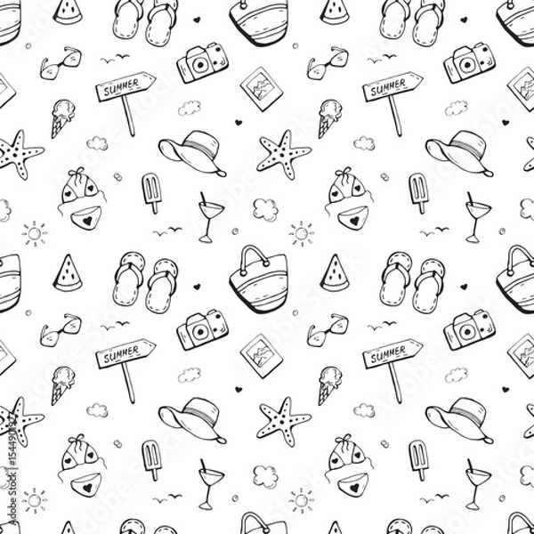 Fototapeta Summer vacation icon seamless handdrawn pattern. Summer beach elements. 