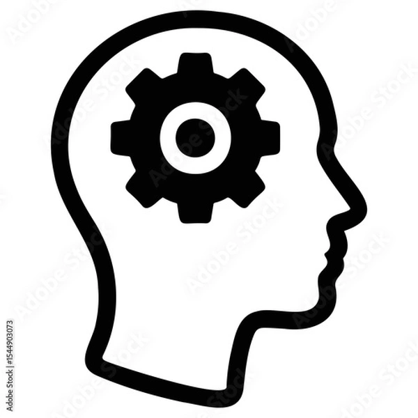 Fototapeta Outline of a head with a gear inside representing thinking process and mental activity shown in black on transparent background