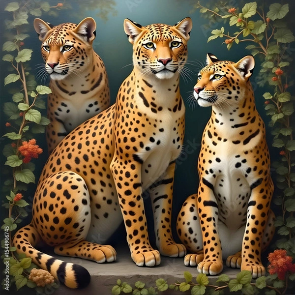 Obraz Feline family in a forest. Three leopards sitting calmly among flowers and leaves. Wild nature in harmony.
