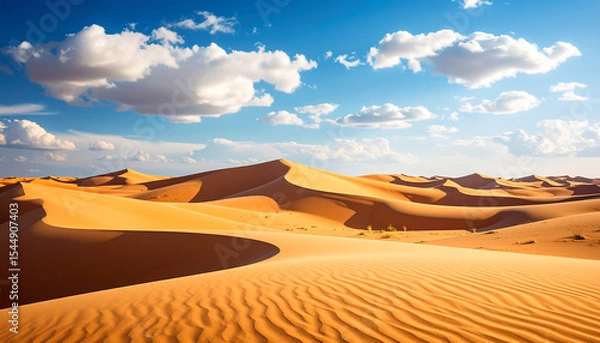 Obraz Generated image Golden sand dunes and fluffy clouds in the sky sahara