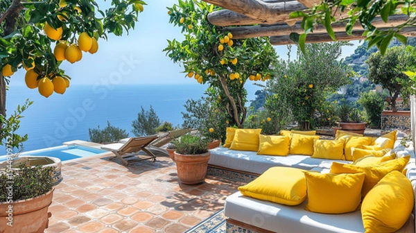 Fototapeta A beautiful view of the ocean with a lemon tree in the background. The lemon tree is covered in lemons and the view is serene and peaceful