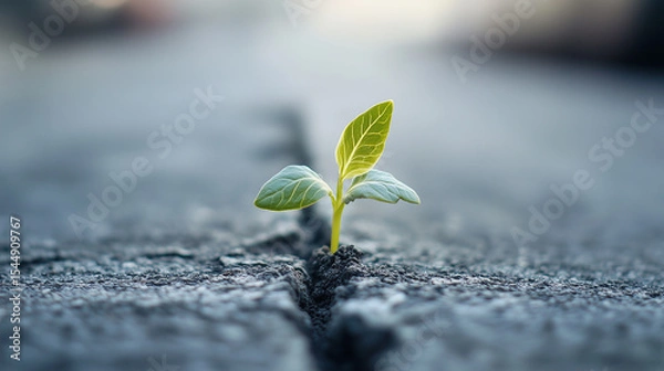 Fototapeta A small green plant is growing out of a crack in a concrete sidewalk. Concept of resilience and hope, as the plant is able to grow and thrive in an unlikely environment