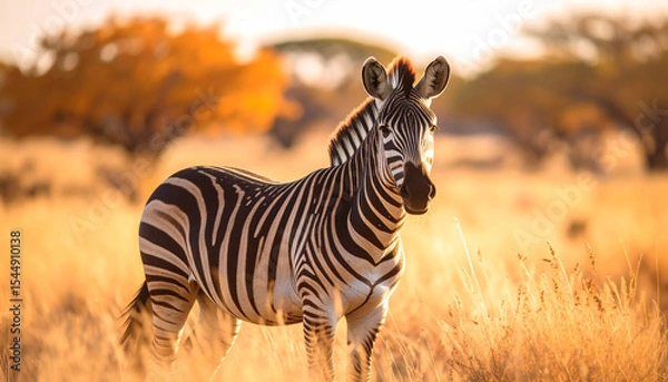 Obraz Generated image Zebra standing in yellow grass on Safari watching animal