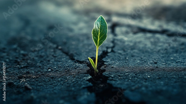 Fototapeta A small green plant is growing out of a crack in a concrete sidewalk. Concept of resilience and hope, as the plant is able to grow and thrive in an unlikely environment