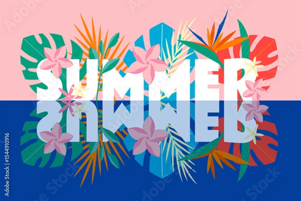 Obraz Brightly colored tropical plants decorating the word 'Summer' with its reflection — Summer concept vector illustration.