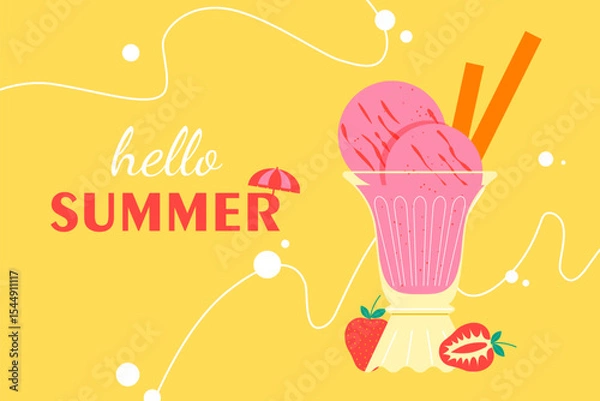 Obraz Pink strawberry ice cream with abstract wave lines — Summer concept vector illustration.