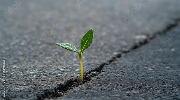 Fototapeta A small green plant is growing out of a crack in a concrete sidewalk. Concept of resilience and hope, as the plant is able to grow and thrive in an unlikely environment