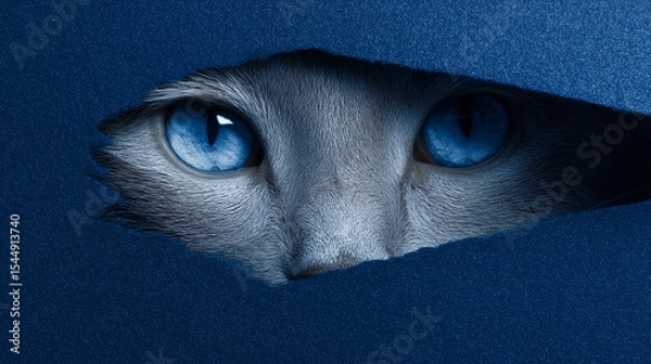 Fototapeta A cat with blue eyes is peeking out from behind a curtain. The blue eyes of the cat are the main focus of the image, and the curtain adds a sense of mystery and intrigue to the scene