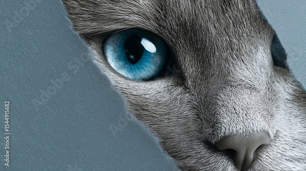 Fototapeta A cat with blue eyes is peeking out from behind a piece of paper. The image has a playful and curious mood, as the cat seems to be looking out into the unknown