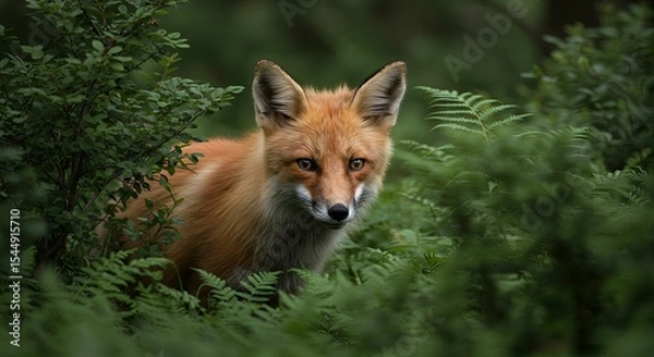 Fototapeta Fox hiding in forest peeking with bright eyes