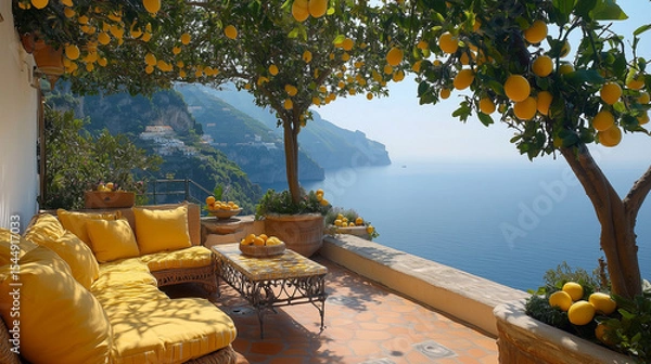 Fototapeta A beautiful view of the ocean with a lemon tree in the background. The lemon tree is covered in lemons and the view is serene and peaceful