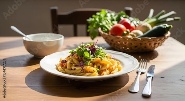 Fototapeta Pasta dish with greens and vegetables on a wooden table in natural light with silverware set up