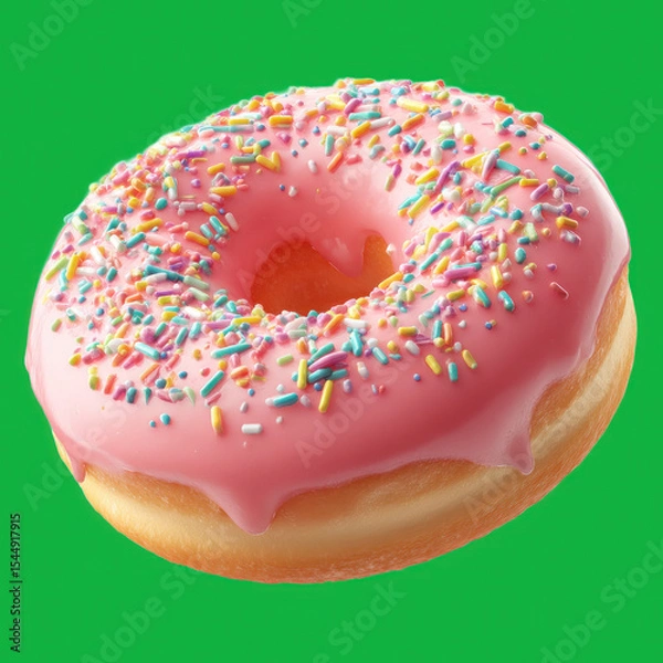 Fototapeta A single donut with pink frosting and colorful sprinkles on a green background in a close up shot