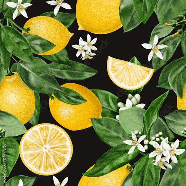 Obraz  Seamless pattern with lemons. Citrus flowers on a branch with leaves and fruits. Vintage summer pattern for fabric. Small white flowers. Watercolor illustration on a dark background. Hand drawn.