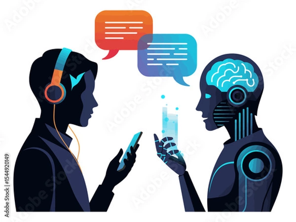 Fototapeta “Digital Human-Robot Conversation Illustration – Minimalist Tech Interaction with Speech Bubbles”