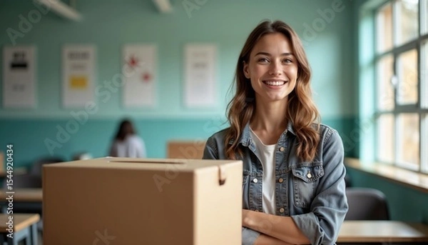 Fototapeta Smiling woman with a box in a classroom setting during daytime