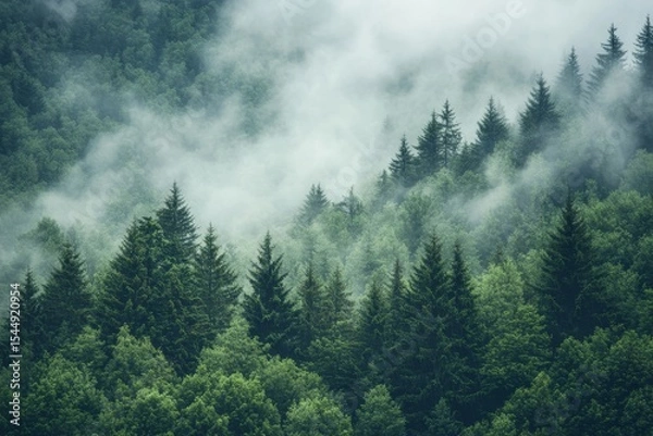 Fototapeta Misty fir forest scene presented in a distinctive hipster vintage retro visual style