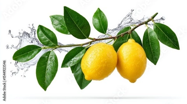 Fototapeta Two lemons hanging from a tree branch with water droplets on them. Concept of freshness and vitality, as the lemons are a symbol of health and wellness