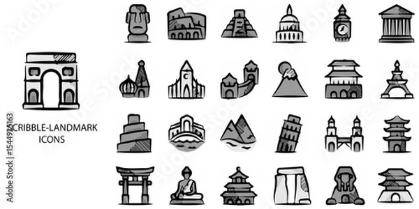 Obraz Scribble Landmark simple concept 24 hand drawn Grew color icons set .Vector illustration.
