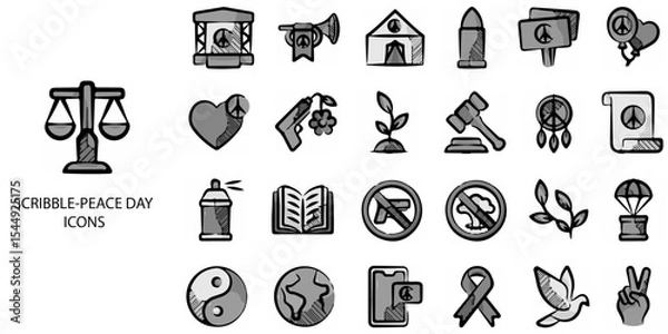 Obraz Scribble peace day simple concept 24 hand drawn Grew color icons set .Vector illustration.