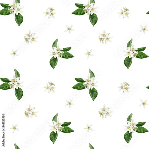 Obraz Seamless pattern with white orange blossom flowers and inflorescences. Small white orange flowers. Leaves and petals. Watercolor illustration isolated from the background. Hand drawing. textile