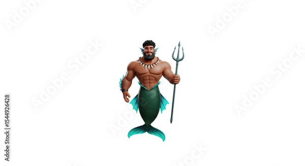 Obraz Merman warrior holding trident on transparent background