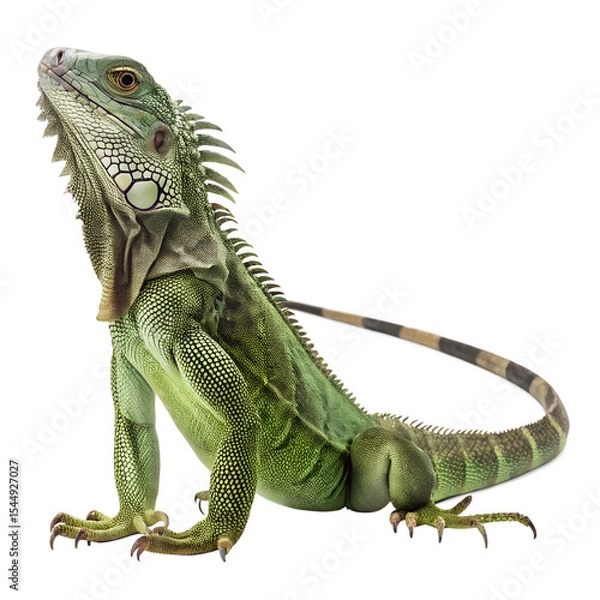 Fototapeta A green iguana sits upright, showcasing its distinctive scales and long tail. The background is black, emphasizing the iguana's vibrant color and features.