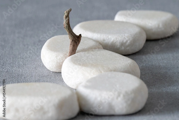 Fototapeta Empty stone podium, pieces of snag on grey background. Minimalist eco backdrop. Round natural rocks and snags. Pedestal for product advertising. Wabi sabi concept. Copy space, front view.