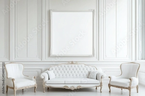 Fototapeta clear pixel image of White guest interior with couch and chairs panoramic window. Mockup frame high detail