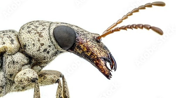 Obraz A highly detailed shot of a weevil insects face, showing long snout and texture, isolated on a white background with balanced lighting