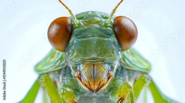 Obraz A sharply focused close-up of a cicada face showing compound eyes and mouthparts, clean white background and controlled lighting