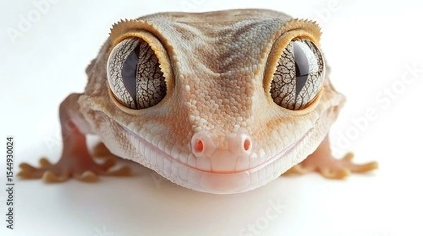 Obraz A sharp close-up of a gecko face with fine skin patterns, large eyes and textured scales on a white background, focused and evenly lit