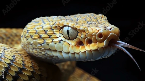 Obraz Close-up of a viper face showing detailed scales, heat-sensing pits and fangs, isolated on a black background with controlled lighting