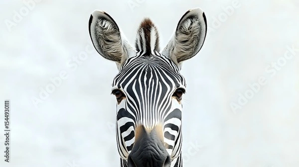 Obraz Close-up of a zebra face showing black and white stripe patterns, ears and eye details against a plain white backdrop with sharp focus