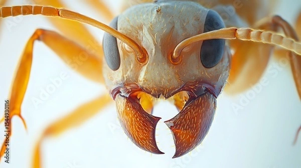 Obraz Detailed close-up of an ant face showing mandibles, eyes and segmented features against a bright white backdrop, with precise focus and lighting