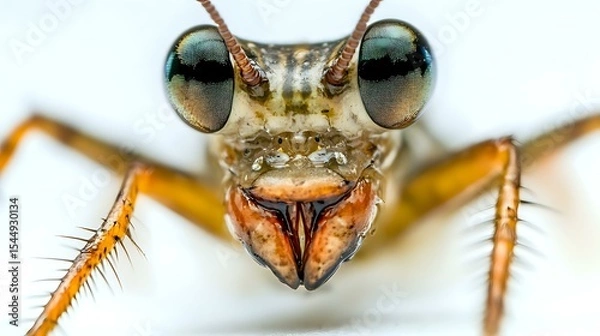 Obraz Extreme close-up of a water strider face with reflective compound eyes and unique mouthparts, focused and isolated on white background