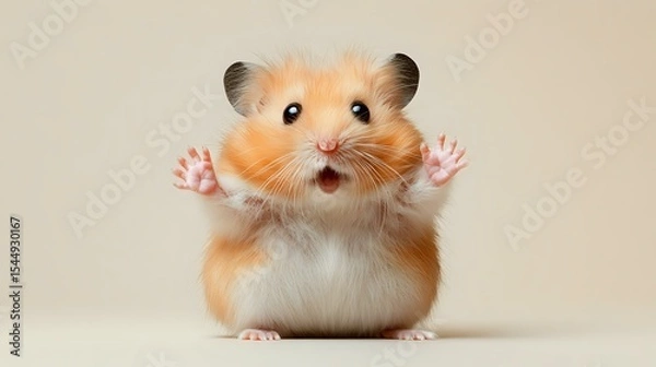 Obraz Fluffy hamster looking surprised with tiny paws raised on a light beige background in a focused and well-lit studio setting