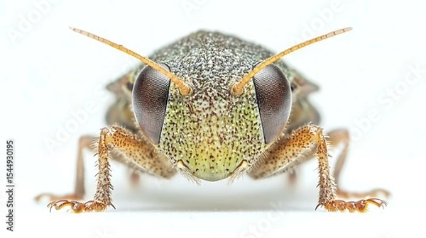 Obraz Highly detailed shot of a leafhopper face with symmetrical features and tiny hairs, bright white backdrop with crisp focus and lighting