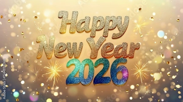 Obraz Radiant background with shimmering gold glitter and dynamic colorful text "Happy New Year 2026" shining in vibrant hues