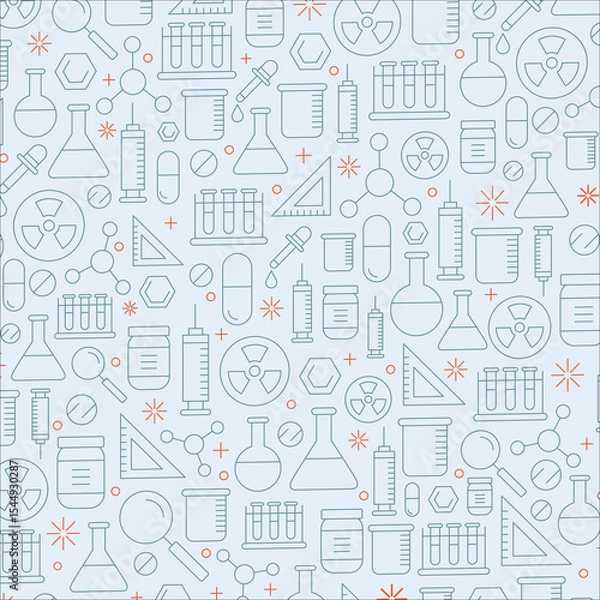 Fototapeta Education doodle seamless pattern. Science line hand drawn elements - mathematics formula, chemistry molecule, dna, graph, scientific experiment vector repeated background